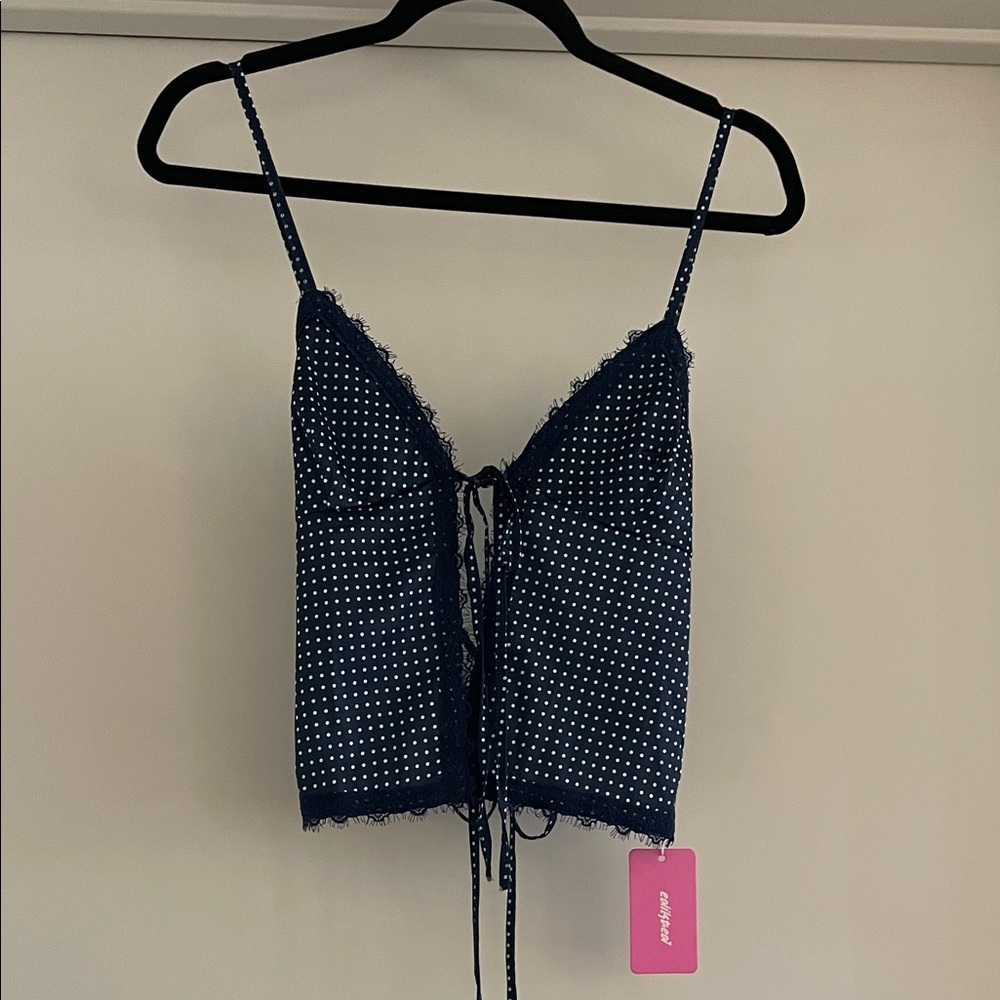 Edikted Navy Polka Dot Backless Satin Top